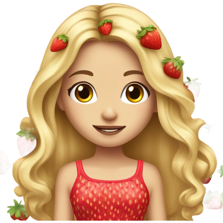 a beautiful girl, long blonde hair with strawberry in her hair, white skin, strawberry dress emoji