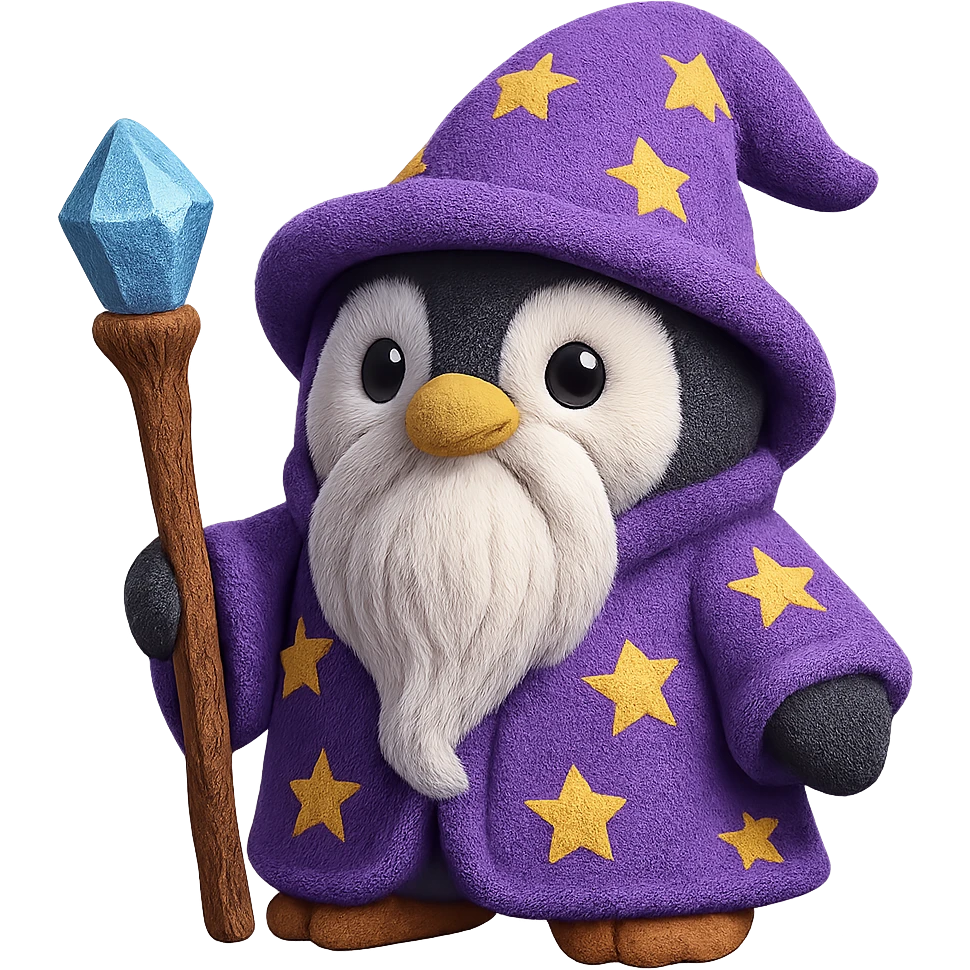 A wise old penguin wizard with a long white beard, purple robe with stars, and a crystal-tipped staff. The plush penguin has a gentle, wise expression. emoji