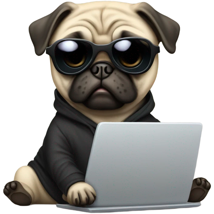 Pug wearing a black hoodie and using a laptop and wearing sunglasses emoji
