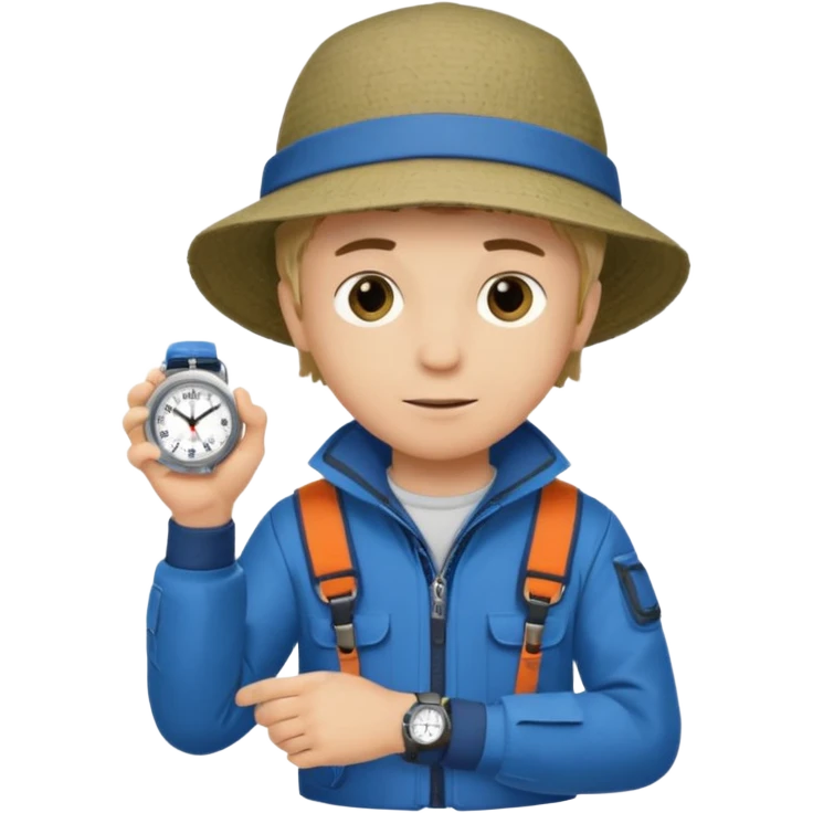 Boy in fishing suit looking at his wristwatch emoji
