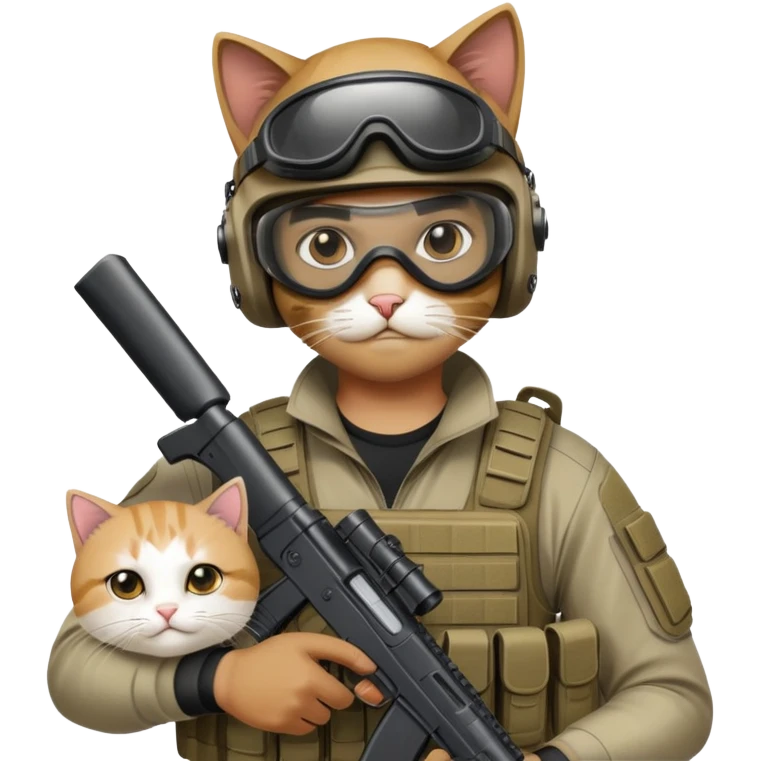 Man in tactical airsoft gear wearing protective goggles on face, holding a gun in one hand and a white and brown cat in the other hand emoji