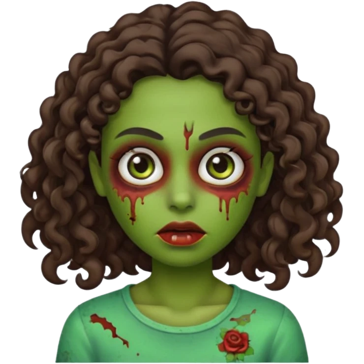 Create a zombie emoji inspired by a young woman with tanned skin, an oval face, large dark eyes, defined eyebrows, a small nose, and medium lips. Her hair should be long, curly, and dark brown. make a green skin like a zumbie original emoji emoji