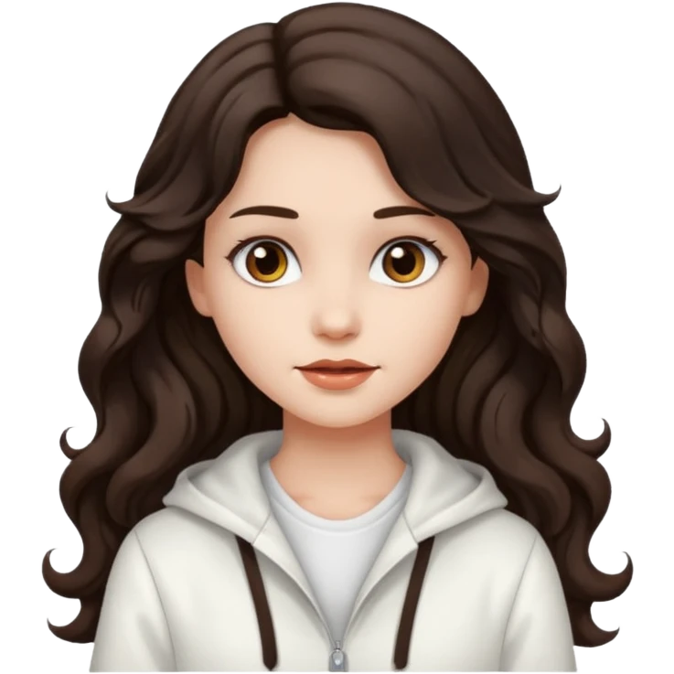 A girl in white with dark brown long wavy hair and very white skin emoji