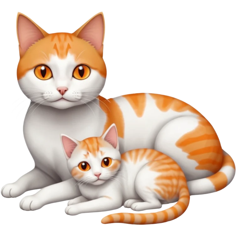 full body of a grey and white cat cuddling a very small + skinny ginger and white kitten with deep orange eyes and triangular shaped face lying down emoji