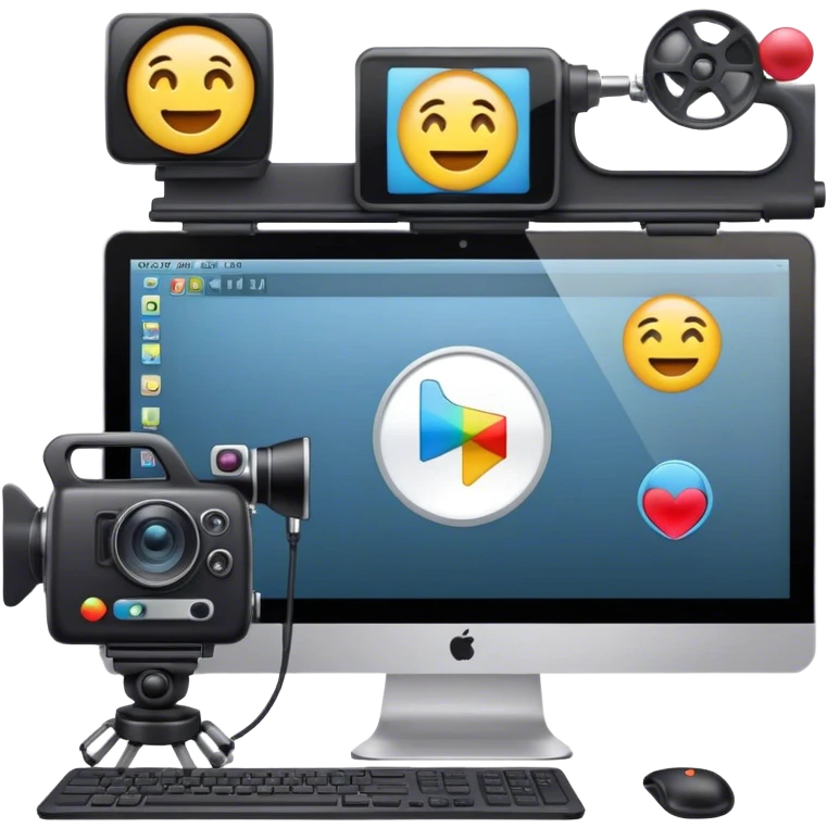 Create an emoji of video editing. Should feature a video editing timeline or interface on a computer screen, showing clips and a playhead. Include a video camera and editing tools. No smiley faces. Make the background transparent. emoji