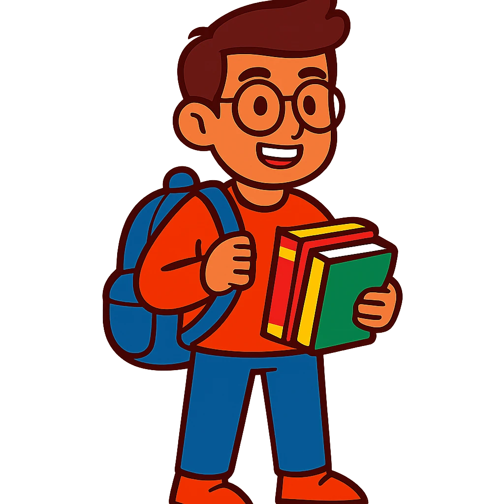 universitario con mochila y libros, estilo cartoon colorido emoji