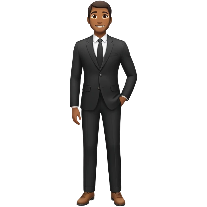 A full-body digital illustration of a Black man standing ,confidently in a  black suit, emoji