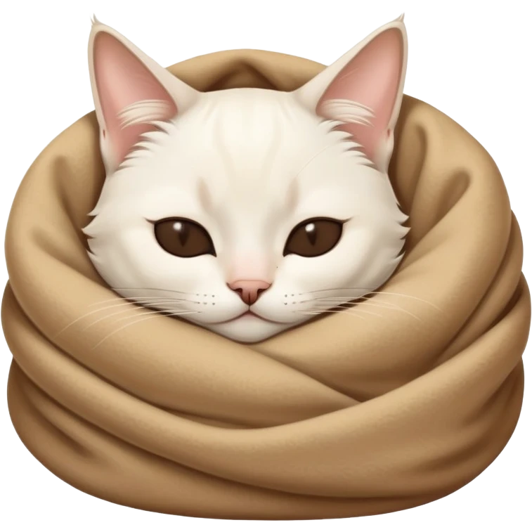 A white Siamese cat sleeps in a brown blanket emoji