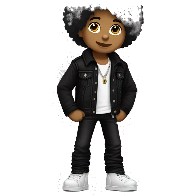 Teddy bear full body, standing, wearing true religion black jacket and black pants, new rocks black boots, black hair medium length straight messy  emoji