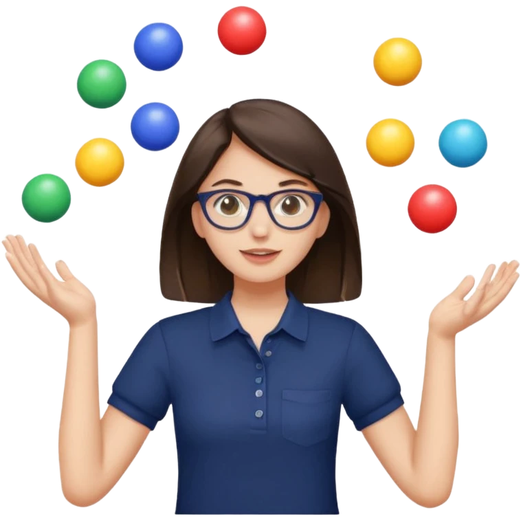 a brunette girl in a navy shirt wearing glasses is  juggling 5 multicolored balls with two hands  emoji