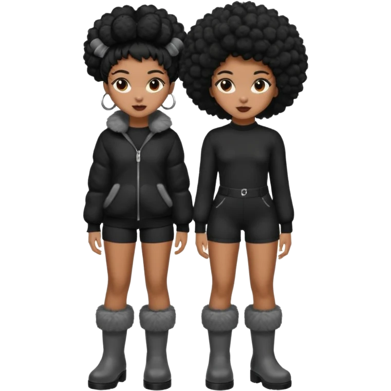 A brown skin girl that has a slim and thick body with black hair into two Afro puffs   and wears all black outfit with grey furry boots  emoji
