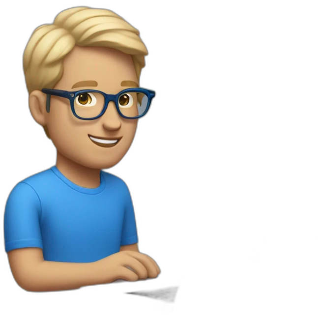 "A man with light hair, wearing a blue shirt, with Tom Ford glasses, working on his MacBook Air." emoji