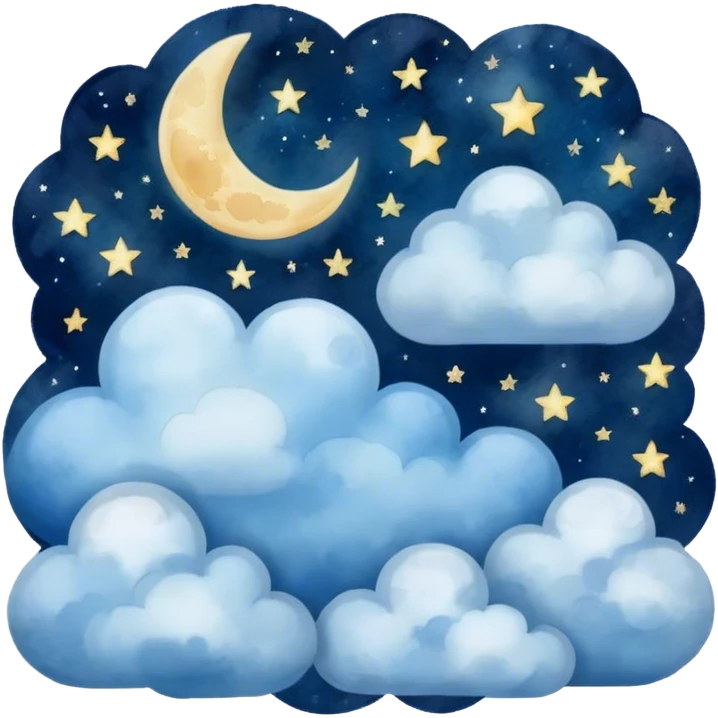 "A dreamy blue celestial night with stars, moon, and clouds, watercolor style." emoji