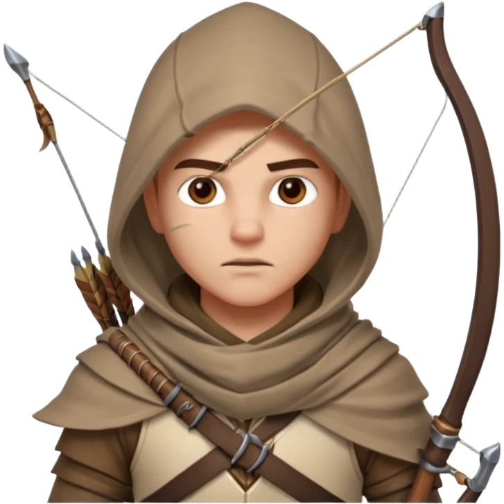 desert archer warrior portrait, head and shoulders only, hooded scarf collar, quiver strap visible, sharp focused eyes, 3D cartoon, mobile game icon style, clean background, no text, no watermark
 emoji