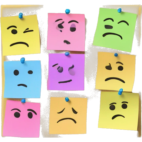 sticky notes on corkboard, pins emoji