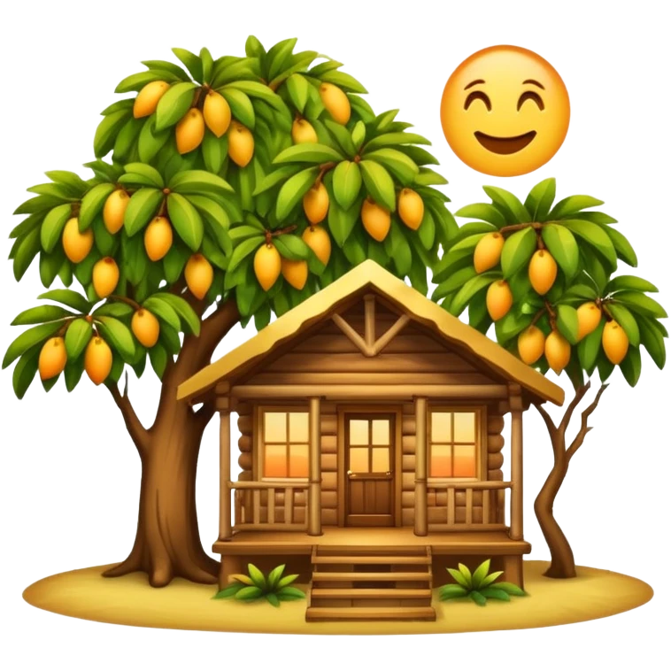 Warm wooden cabin with front porch under a mango tree branch, sunset sky in the background. Cozy, peaceful, emoji-style with soft edges and golden tones. emoji