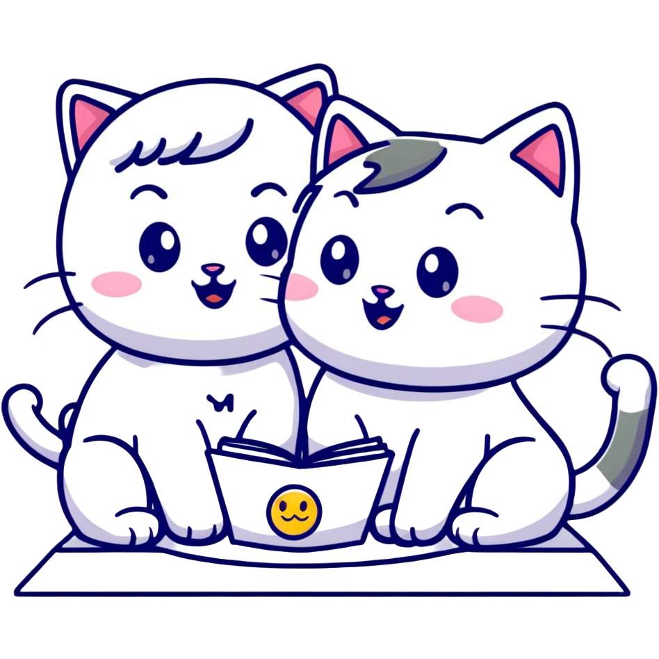 two girls watching a cute kitty drawing an emoji, playful cartoon style emoji