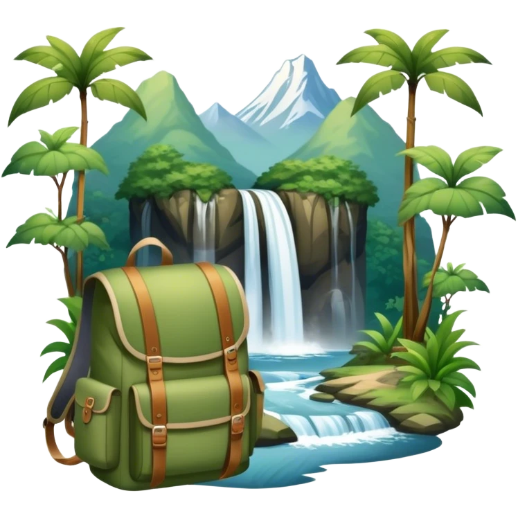 Icon for Ecotourism: lightweight hiking backpack and a scenic landscape with lush green forests, a waterfall, and wildlife, such as birds or animals in background. Transparent background. emoji