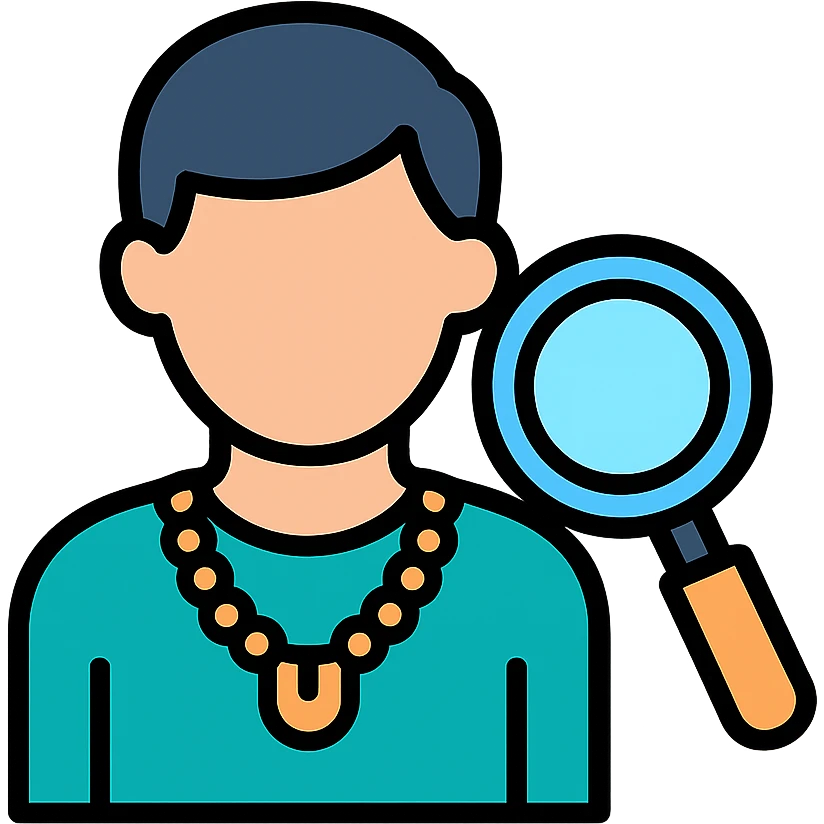 modern icon of a person using a magnifying glass to examine a gold necklace emoji