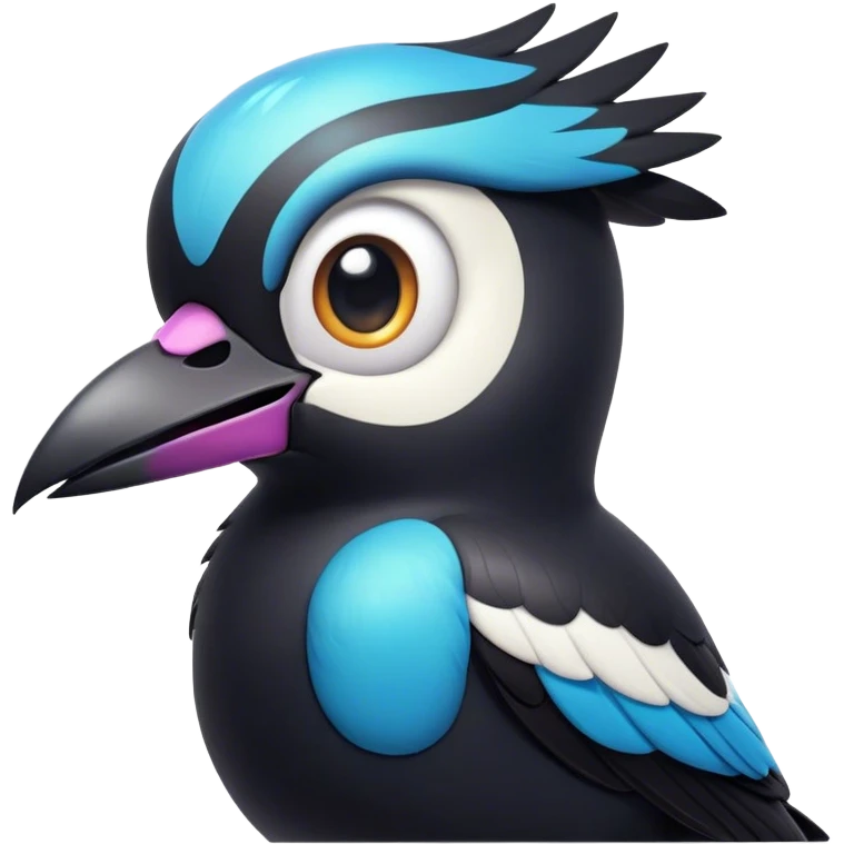 Cinematic Comical Magpie Portrait Emoji, Head tilted dramatically with an exaggeratedly shocked expression, featuring a vibrant, glossy form with wide, comically expressive eyes full of playful disbelief and a subtly animated beak, Simplified yet hilariously expressive features, highly detailed, glowing with a slightly sassy urban glow, high shine, dramatic yet playful, stylized with an air of cheeky mischief, soft glowing outline, capturing the essence of a meme-worthy magpie that looks ready to side-eye its way into viral fame! emoji