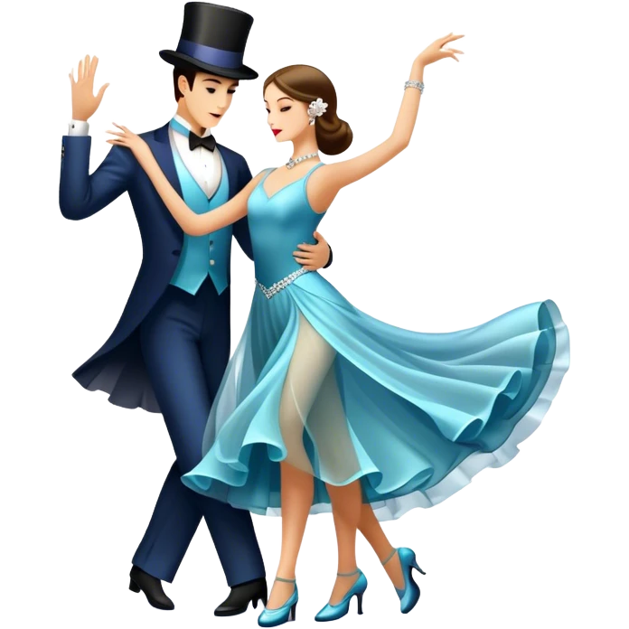 Icon for Ballroom Dancing: a pair of elegant dance shoes, a flowing dress, a top hat, and a dance floor spotlight. The icon should represent the elegance and atmosphere of ballroom dance, focusing on the iconic dance elements. Transparent background. emoji