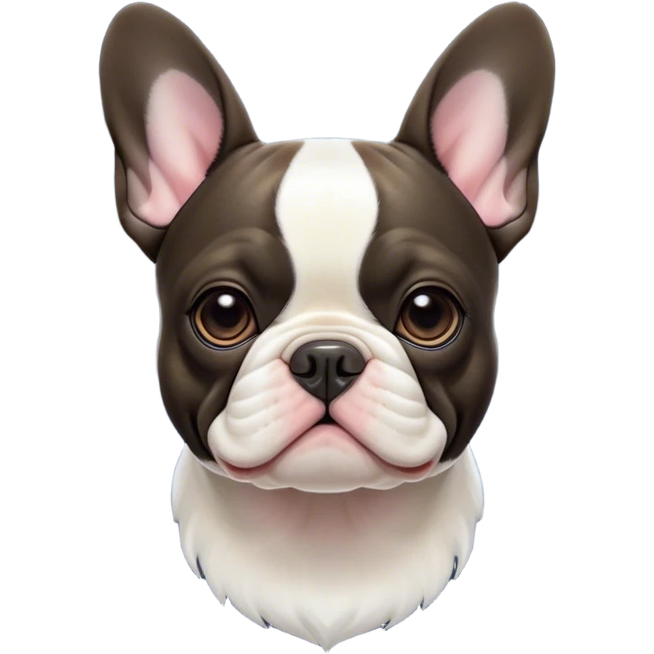 Cinematic Noble Pied French Bulldog Portrait Emoji, Radiating regal yet playful charm, with a distinctive pied fur of contrasting hues and a sculpted, expressive face featuring gentle, wise eyes and a confident stance, simplified yet artistically detailed, glowing with a soft, sophisticated radiance, high shine, exuding intelligent nobility and refined flair, soft glowing outline, capturing the essence of a noble Pied French Bulldog that embodies both strength and grace! emoji