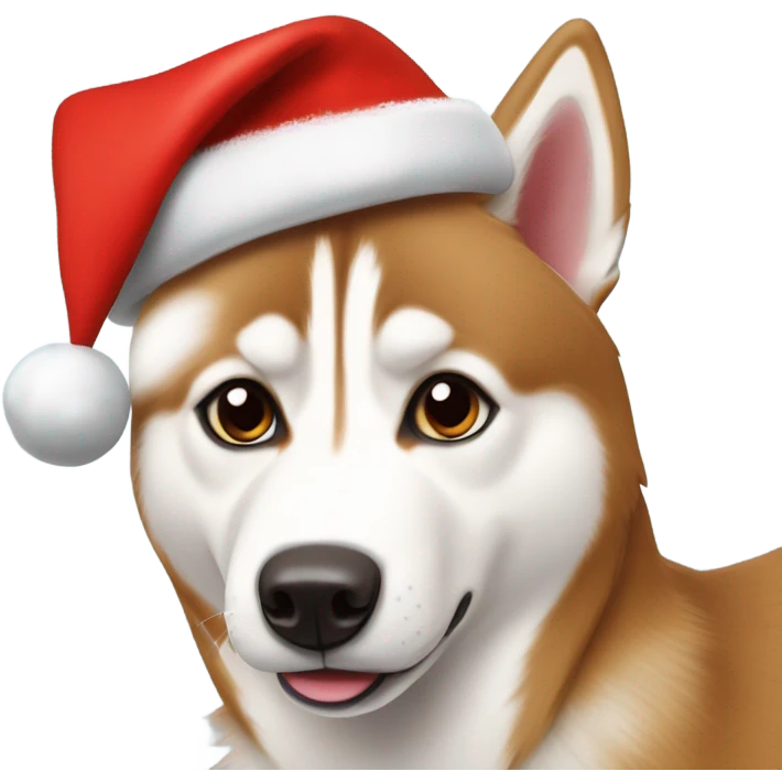 red Siberian husky with a christmas hat on￼ emoji