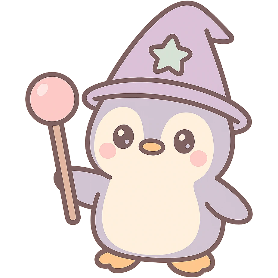 cute penguin wizard, magical staff, wearing a pointed hat, fantasy emoji