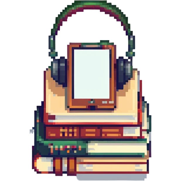 a stack of books with a digital tablet and headphones, symbolizing e-learning, pixel art style emoji