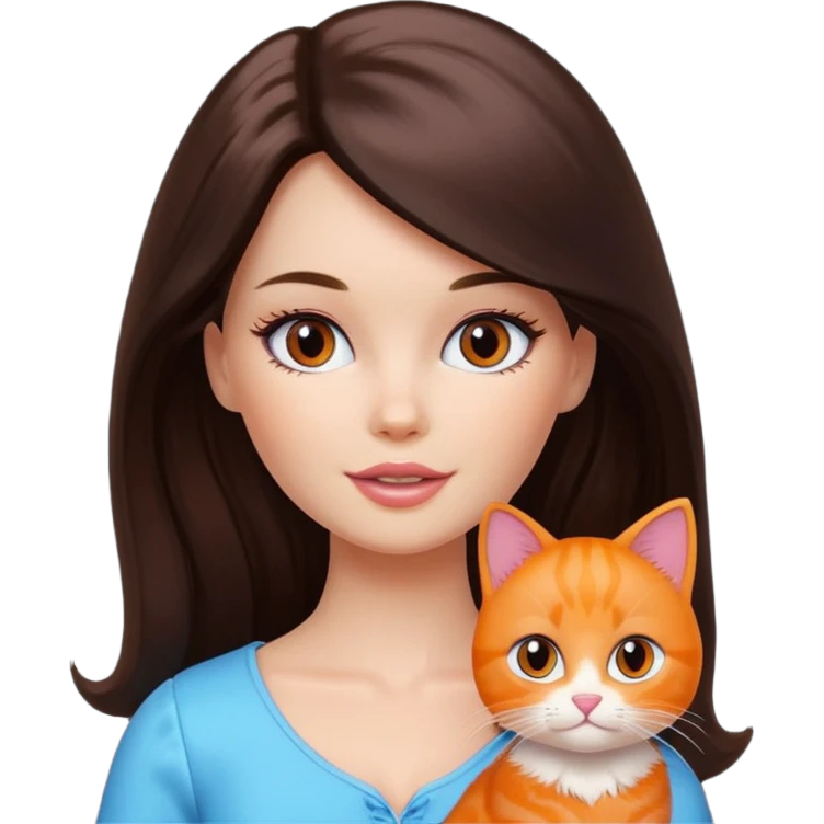 White Barbie girl dark brown long hair with British orange kitty emoji