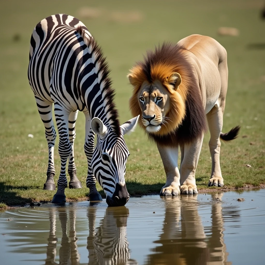 zebra and lion drinking water from pond emoji