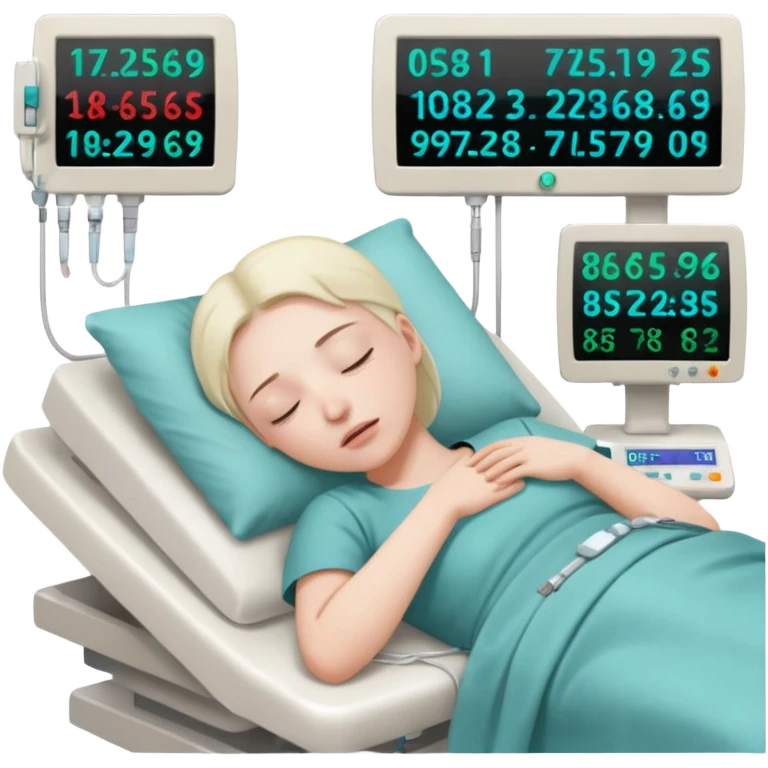a PATIENT waking up before a surgery sleeping. And monitors with vitals and numbers emoji