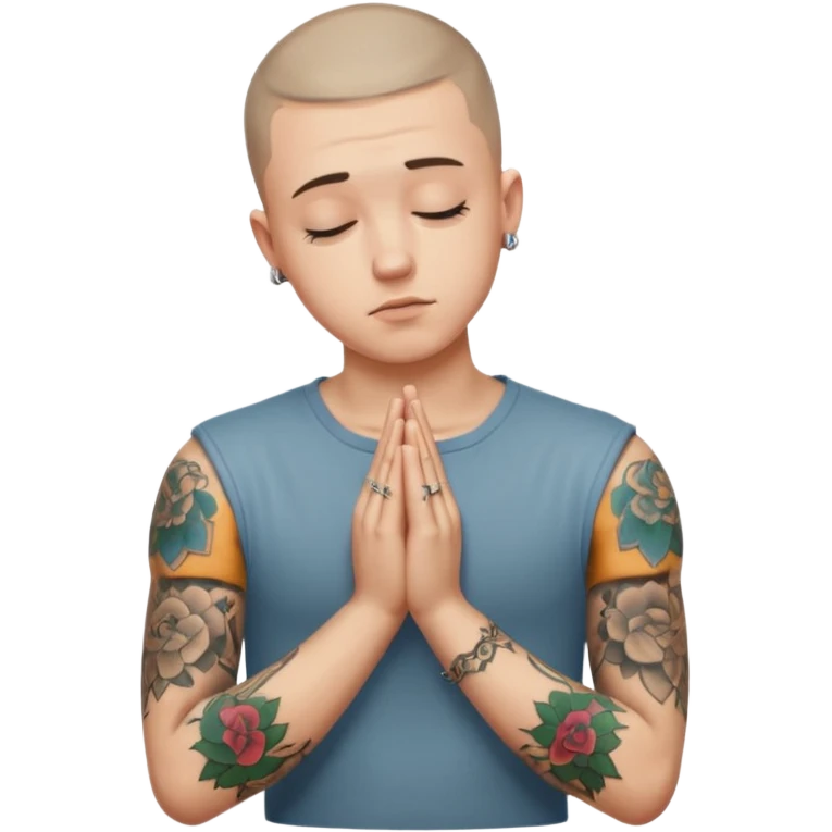 A 20 year old white man with a buzz cut and tattoos all over his arms and chest. Pleading face with hands praying  emoji