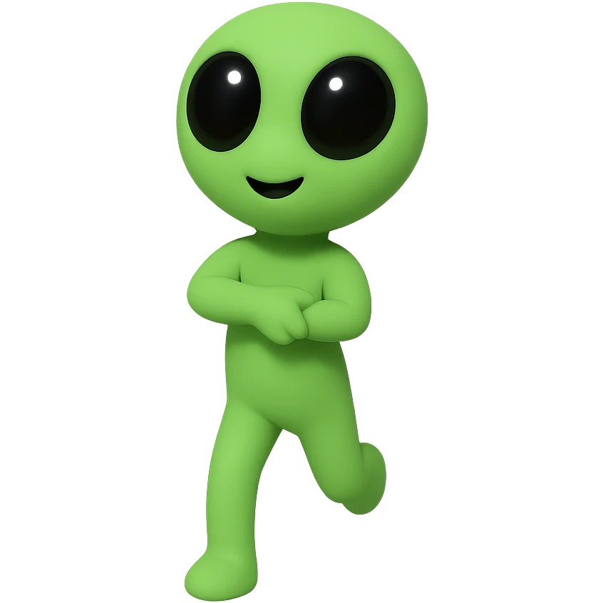 An alien dancing in neon green, almost identical to the reference image, with arms crossed and a slightly changed pose for animation frame 9. PNG with transparent background. emoji