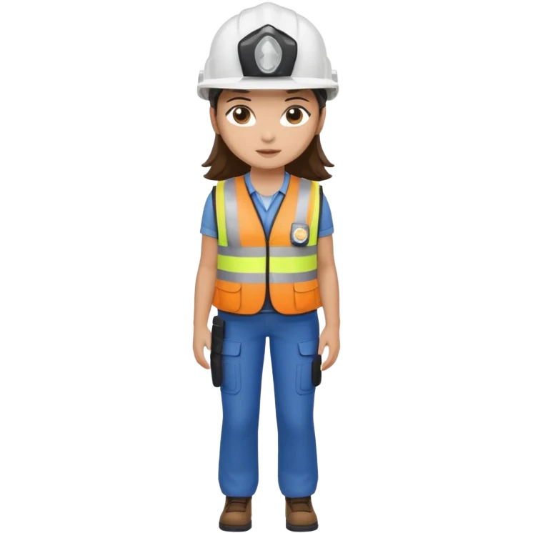 Brunette brown Girl full body standing with her white security helmet and security vest on emoji
