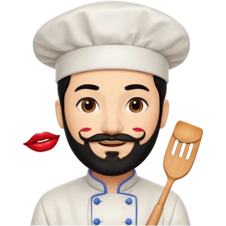 CHEF CON PELO NEGRO Y BARBA NEGRA, OJOS MARRON OSCURO. SONRIE Y TIENE MARCAS DE BESOS CON PINTALABIOS EN FORMA DE LABIOS emoji