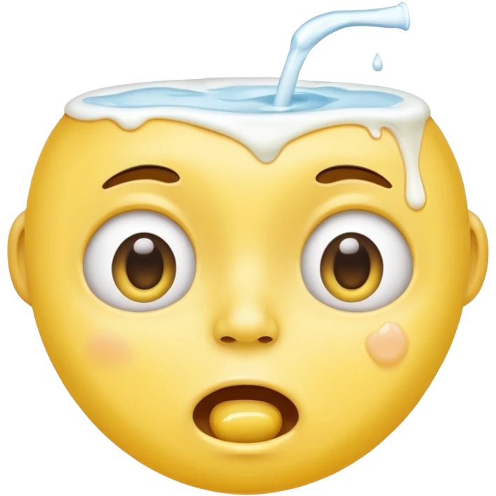 A normal yellow face emoji with eyes facing up and milk leaking from its mouth emoji