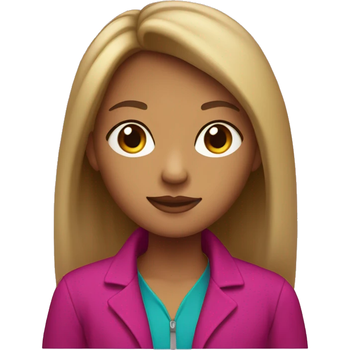 slightly tan girl with brown eyes, long hair, curtain bangs, and a magenta jacket emoji