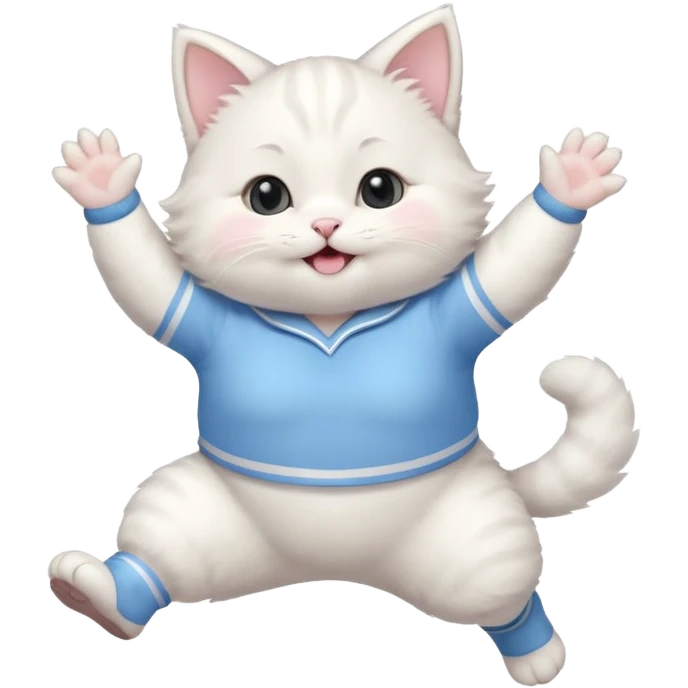 A chubby white kitten in pastel uniform jumping in cheer pose. emoji