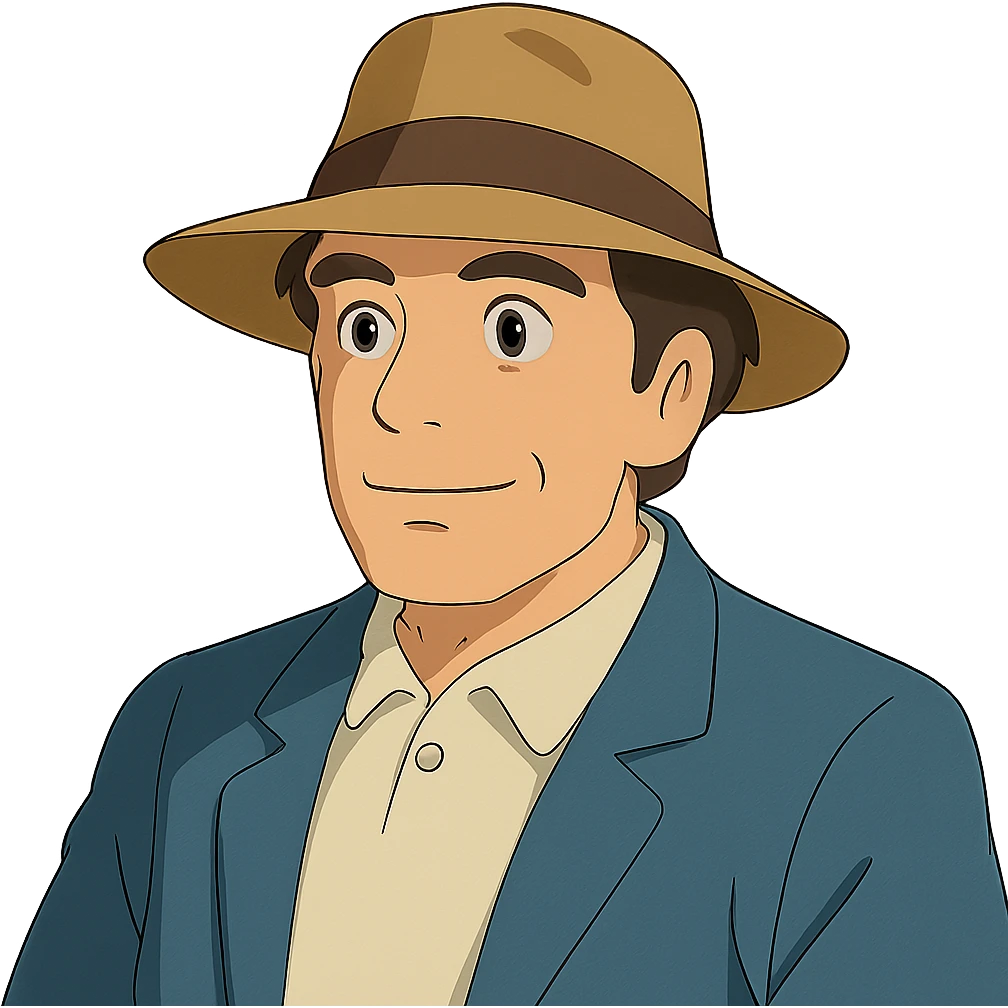 ghibli style man, with a hat emoji