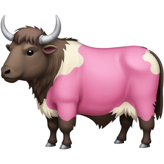 A shaven yak. Viewed from the side, it should have large pink patches where its fur has been completely shaven. emoji