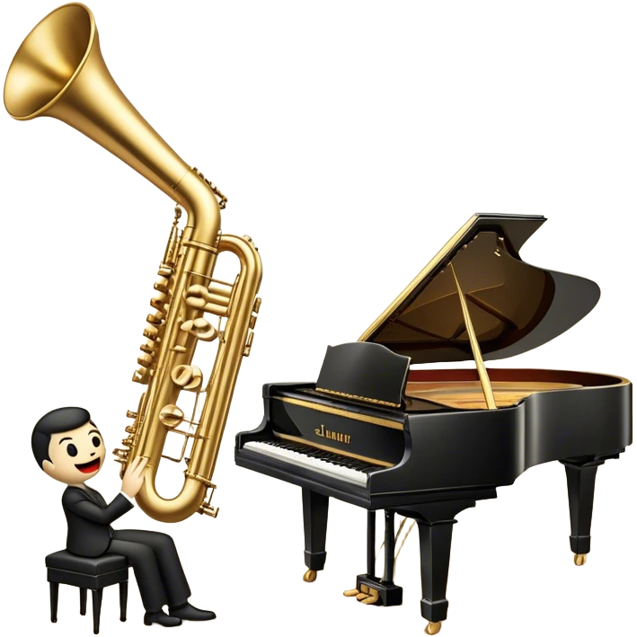 Create an elegant and vintage-inspired emoji representing jazz vocal performance with a classic jazz microphone, a grand piano, and a Selmer Model 19 trumpet resting on top of the piano. The design should feature a sleek, vintage microphone (like those from the 1940s) with a glossy, metallic finish. The piano should be depicted with a shiny black finish, and the trumpet should have a polished, golden look, resting gracefully on the piano keys. Add subtle musical notes or a soft soundwave to suggest the flow of music. Use rich, deep colors like gold, black, and silver to evoke the timeless, classy vibe of jazz. The background should be transparent. emoji