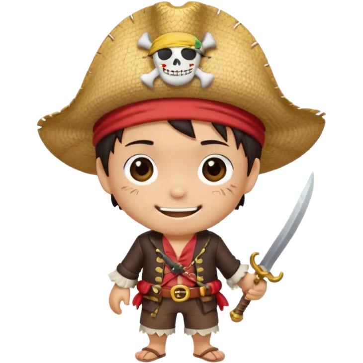 Cute chibi pirate boy inspired by Luffy, straw hat, small scar under eye, big smile, round emoji face, flat vector style, bold outline, bright colors, transparent background, 1:1 emoji