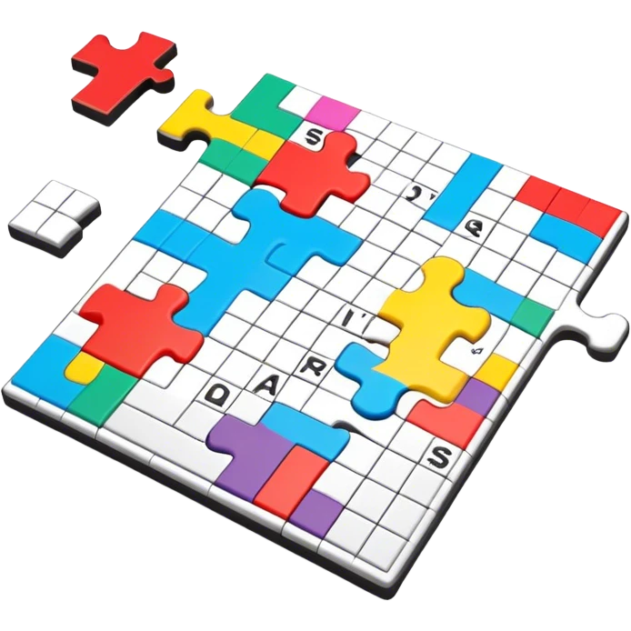 A photorealistic icon with a colorful, fragmented puzzle piece, a crossword magazine, a 3D puzzle, and a partially completed puzzle on a table. Bright, detailed design with realistic lighting. Transparent background, clearly symbolizing puzzles and brain games. emoji