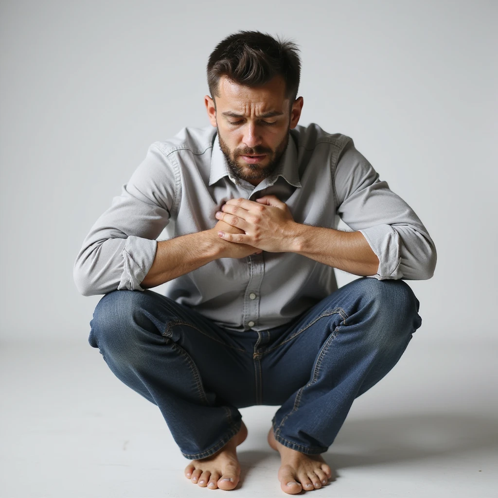 realistic 30-year-old man suffering anxiety, sitting with knees to chest, contracted body, closed eyes, neutral background emoji