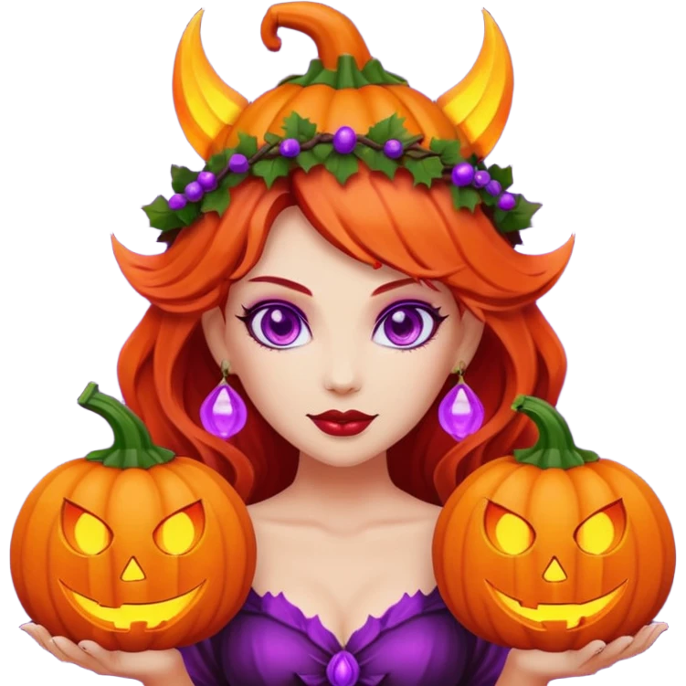 female-succubus-emoji,-red-skin,-purple-eyes,-elegant-face,-pumpkin-wreath-on-head,-with,-holding-small-glowing-pumpkin-lantern,-halloween-fantasy emoji