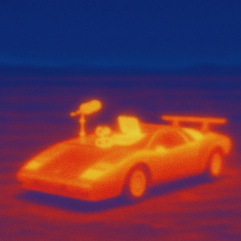 Lamborghini Countach with everything needed for sound recording and a laptop on the hood in a desert background emoji