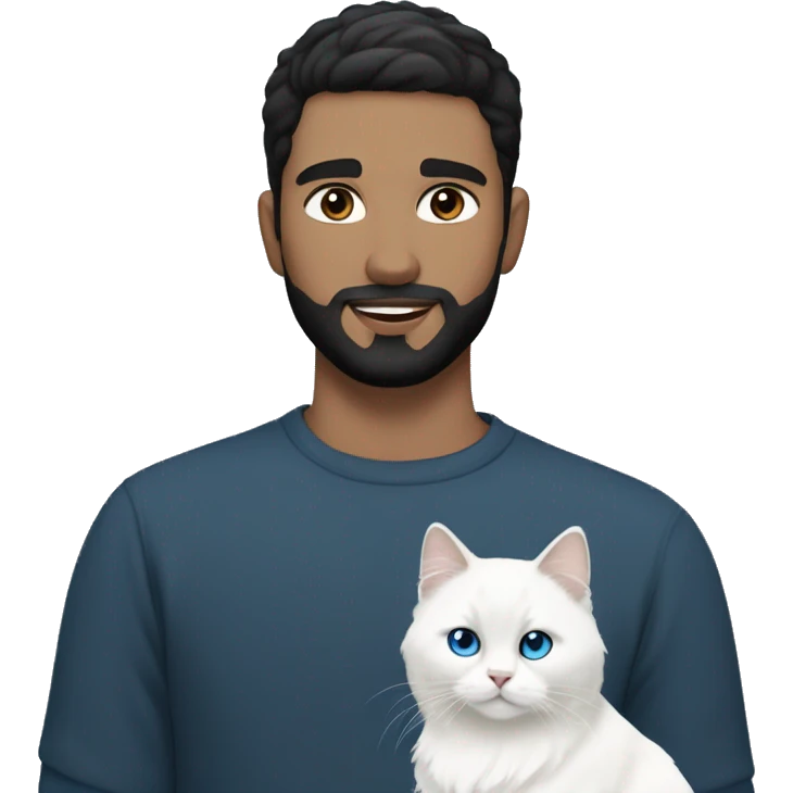 A guy with a black earing and black short hair and black beard and holding a all white Siberian cat with blue eyes  emoji