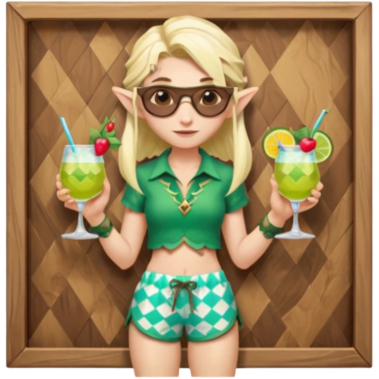 elf female legolas portrait, patterned board shorts (geometric/abstract), unique wooden-framed sunglasses, undercut hairstyle, slight smirk, visible pointy ears, no background, centered emoji, hipster summer vibe coctails  emoji