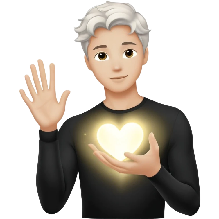 radiant youthful male silhouette with soft flowing light waves, glowing spark at heart, faint ripple of energy at fingertips, minimalist black or silver silhouette with gentle aurora-like glow emoji